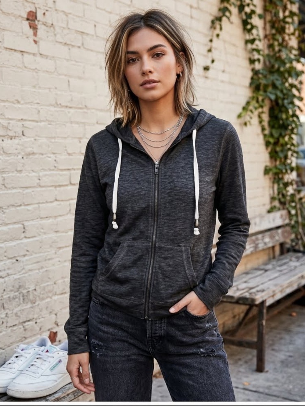CGlcg Dark Charcoal “Distressed“ Heather Hoodie,L/S, Full Zip Sz L